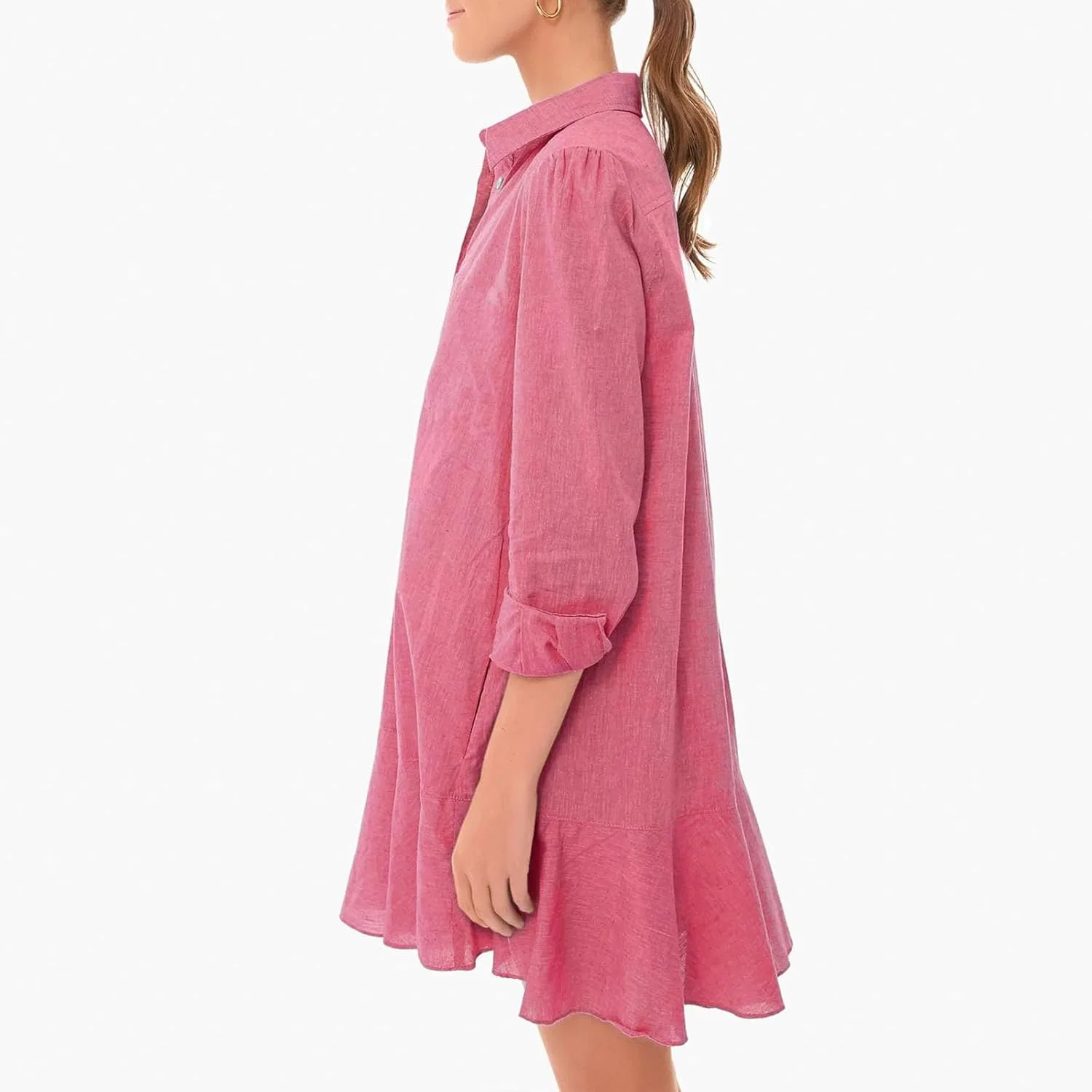 Женское мини-платье туника с воланами из льна, Hot Pink — фото 4