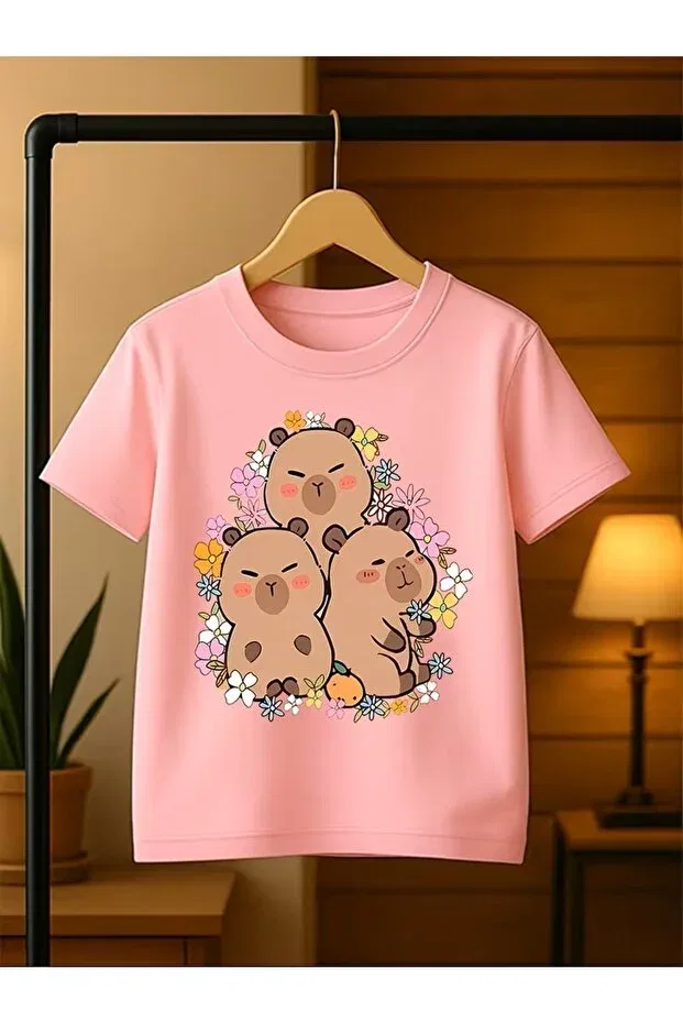 Детская футболка для девочек с принтом Cute capybara & capybara Oneagılyazı, Pink