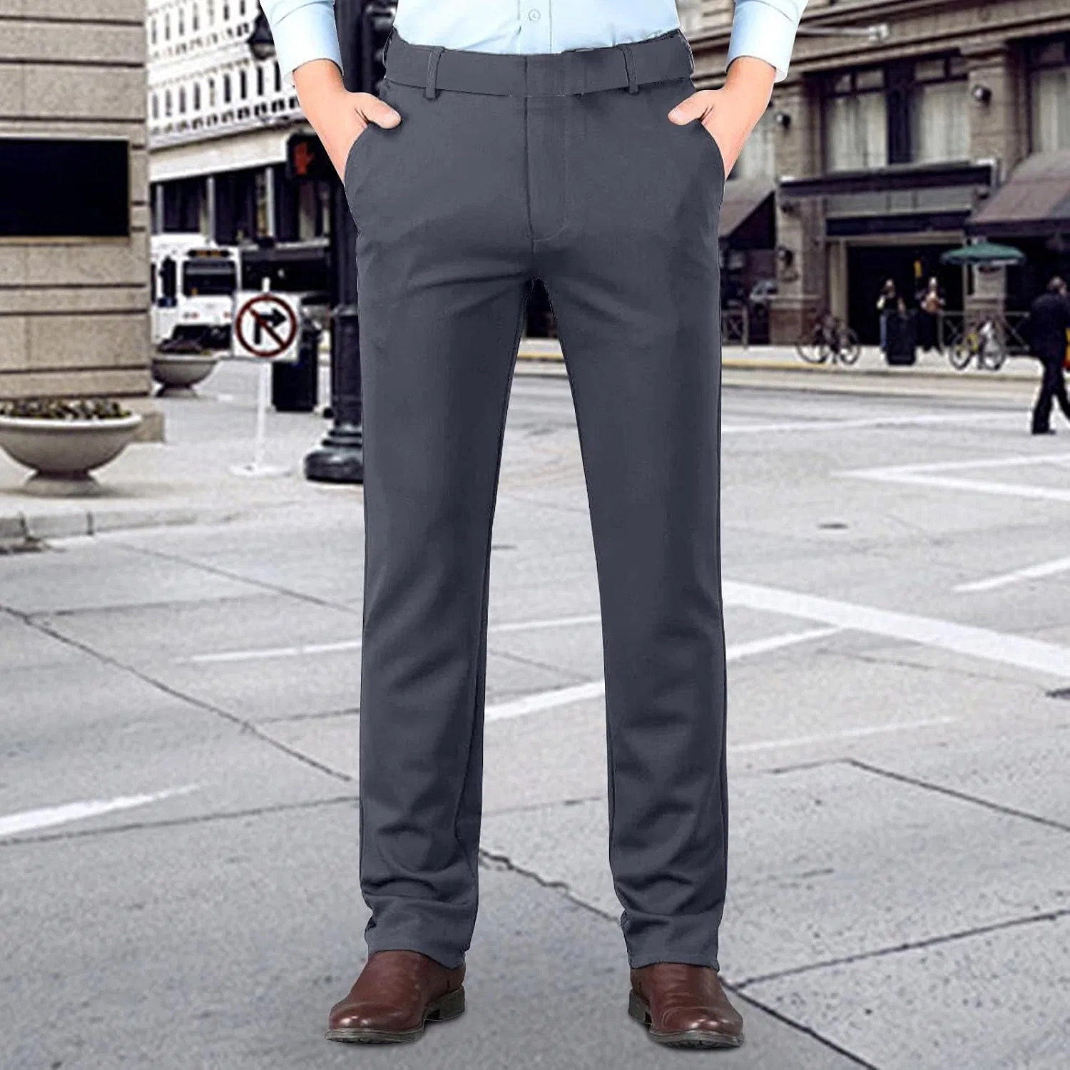Мужские брюки классические с расширяющимся поясом, без складок, Slim Fit, тёмно-серый — фото 2