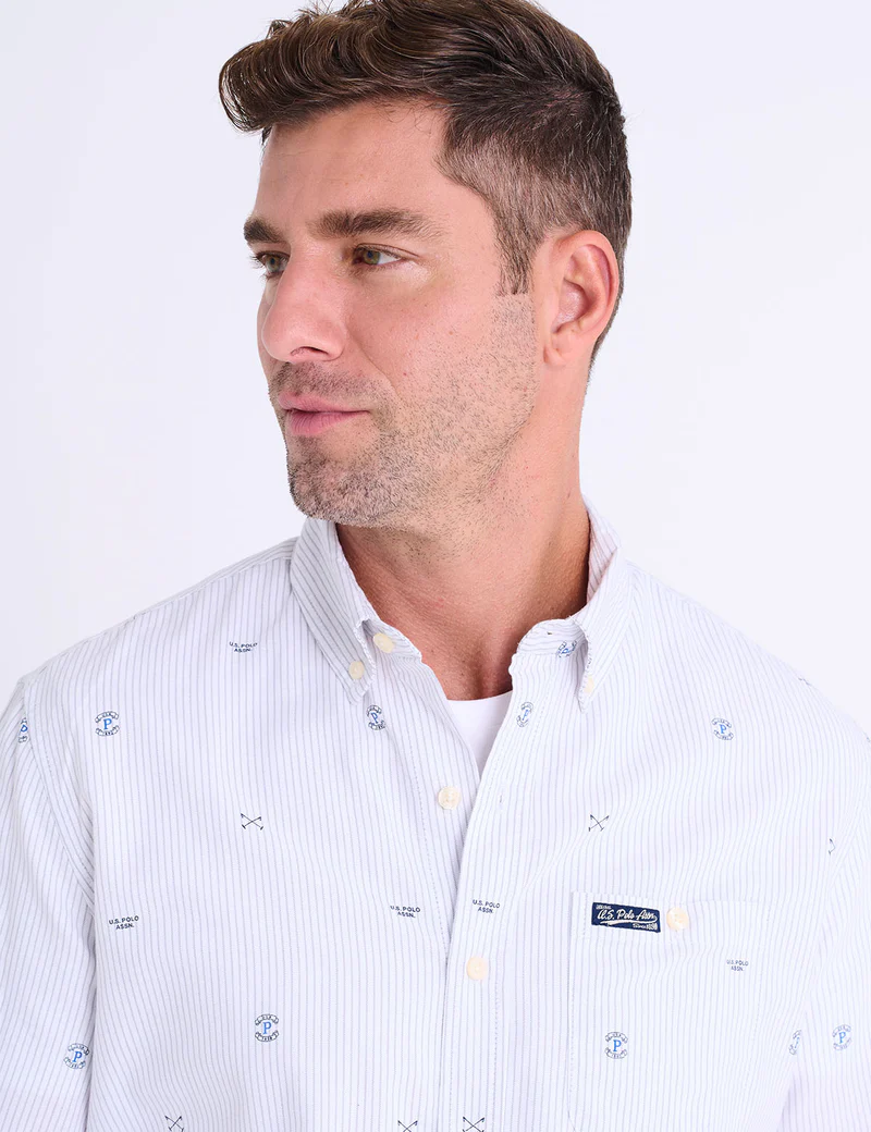 Рубашка U.S. Polo Assn Long Sleeve All Over Logo Print Oxford, светло-серый — фото 2