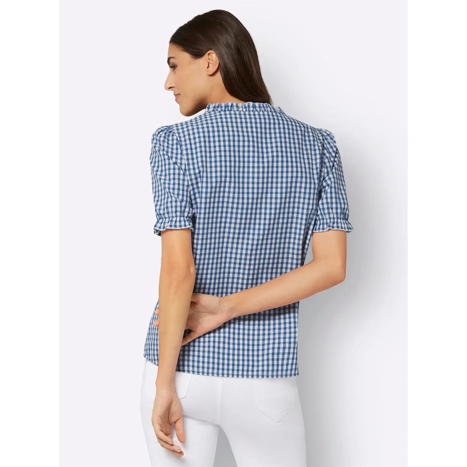 Женская блуза в клетку с вышивкой Classic Basics, Jeansblau-White-Kariert — фото 3