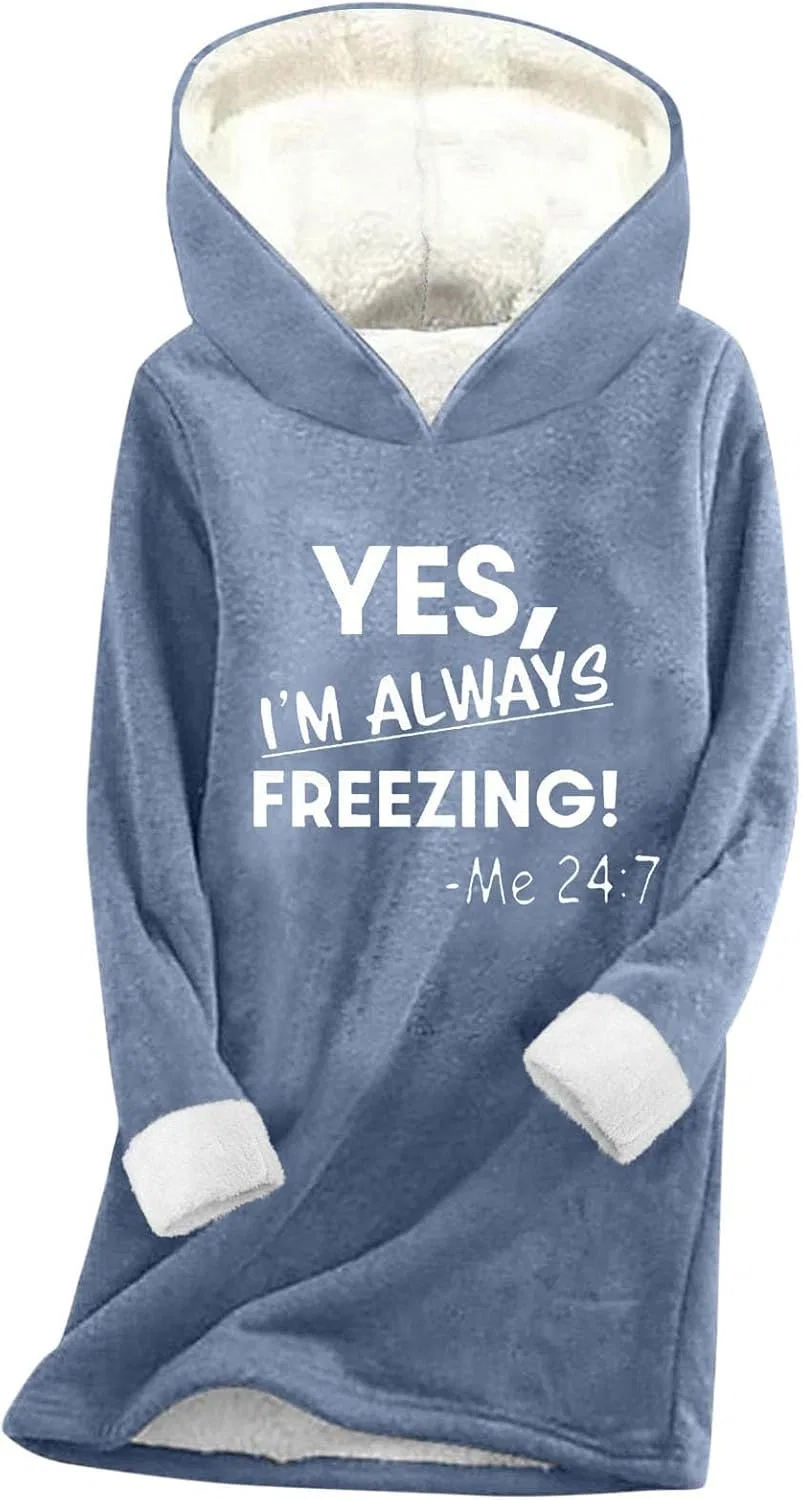 Женское худи с принтом Yes I'm Always Freezing Me 24:7, синий