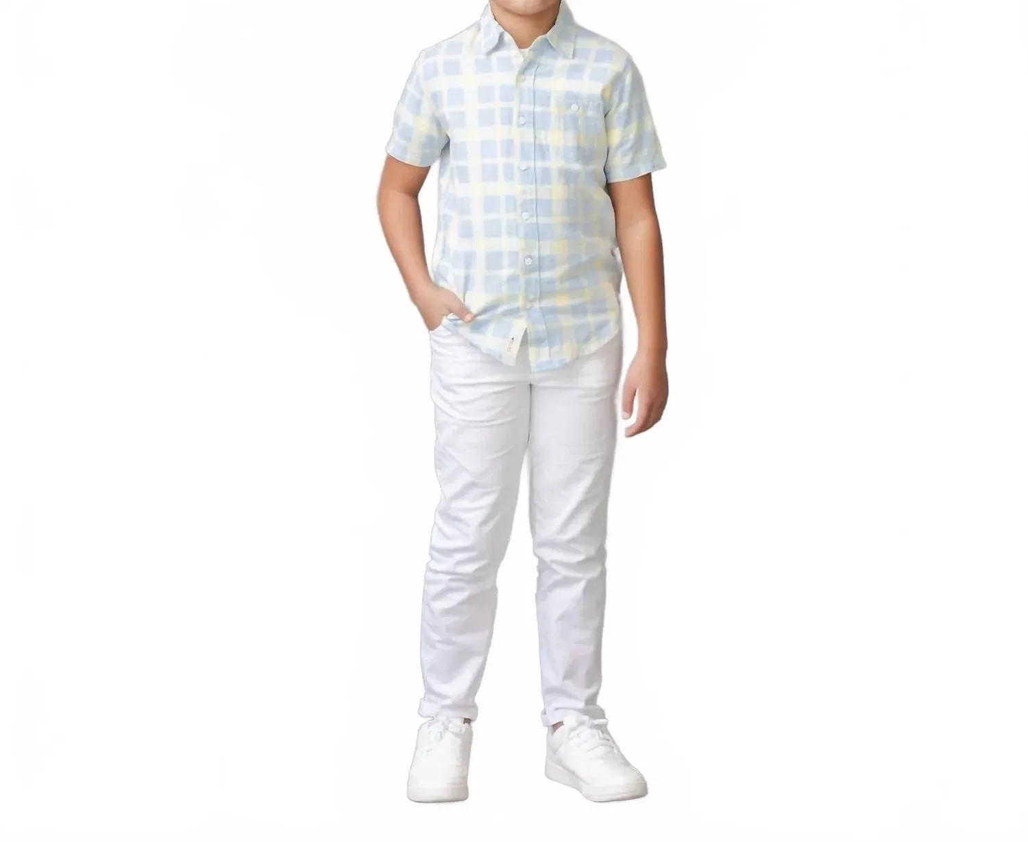 Детская рубашка с коротким рукавом из льна в клетку Sunlit Plaid HOPE & HENRY, Sunlit Plaid