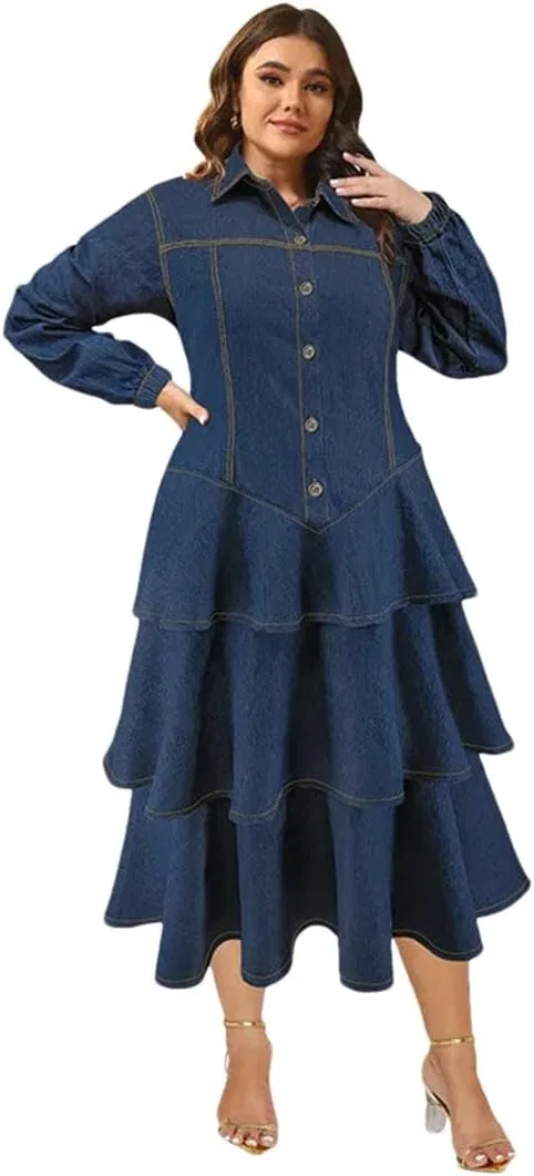 Женское джинсовое платье с пуговицами Long Sleeve Denim Dress, Blue