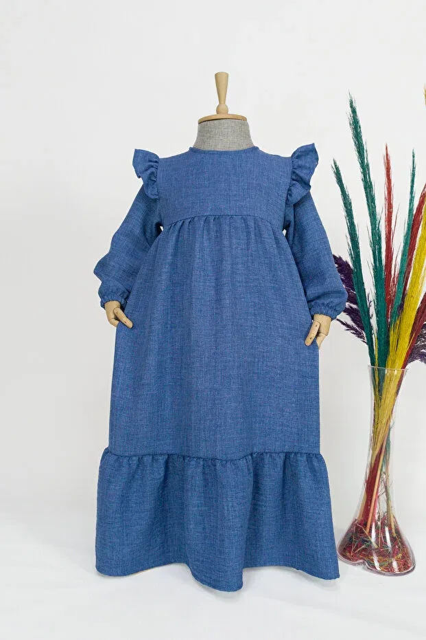 Детское платье для девочек льняное Asude Model Betül Akbay, Blue