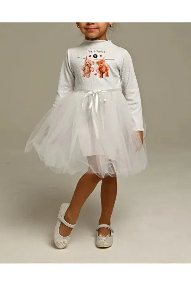 Детское платье для девочек с принтом Cute Bears Printed Tulle Neocotton, Ecru