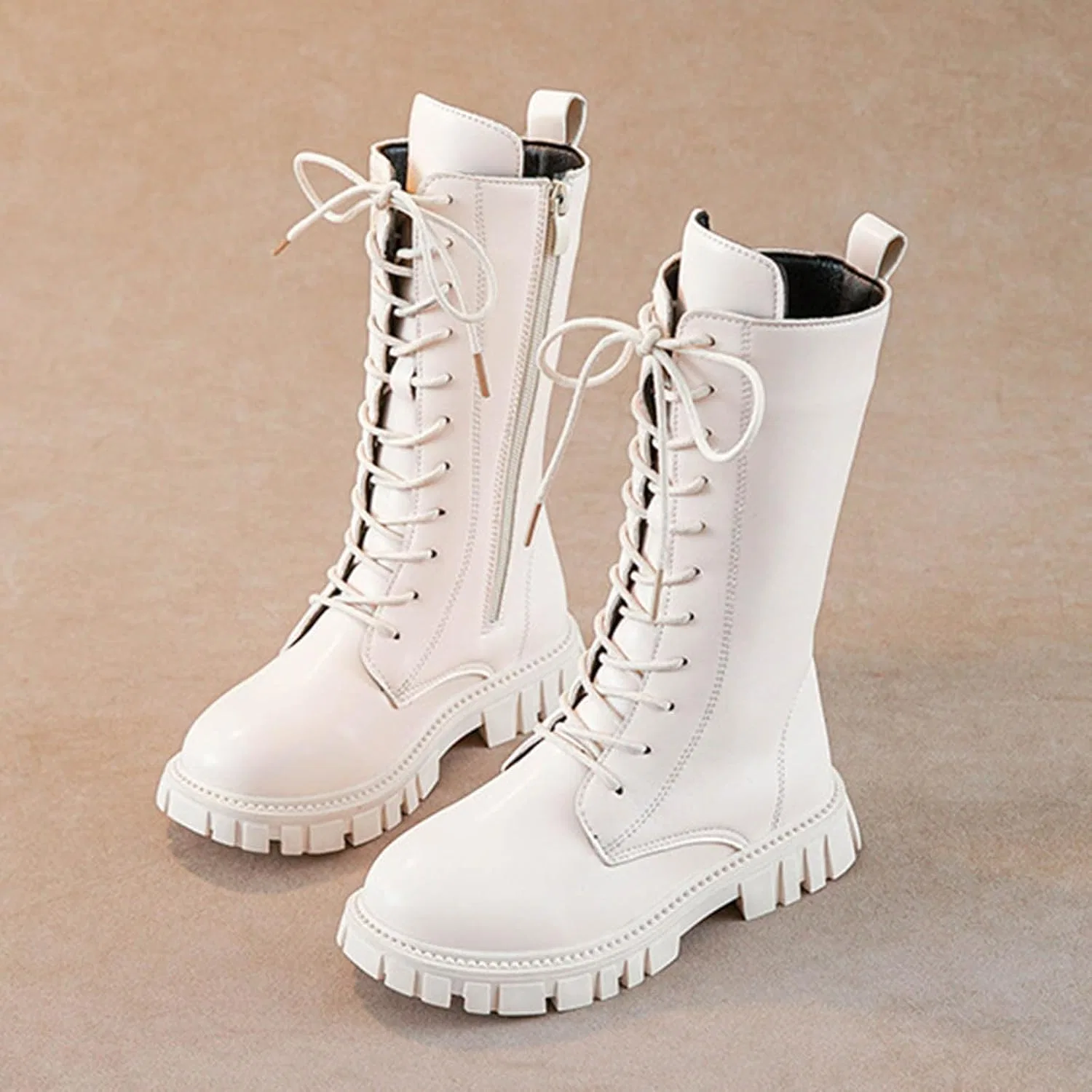 Детские ботинки для девочек на шнуровке с молнией, модель Riding Boots Girls Side Zipper Combat Boots Low Heel Winter Boot Lace-Up Punk Boot Non Slip Goth White Booties, White — фото 4