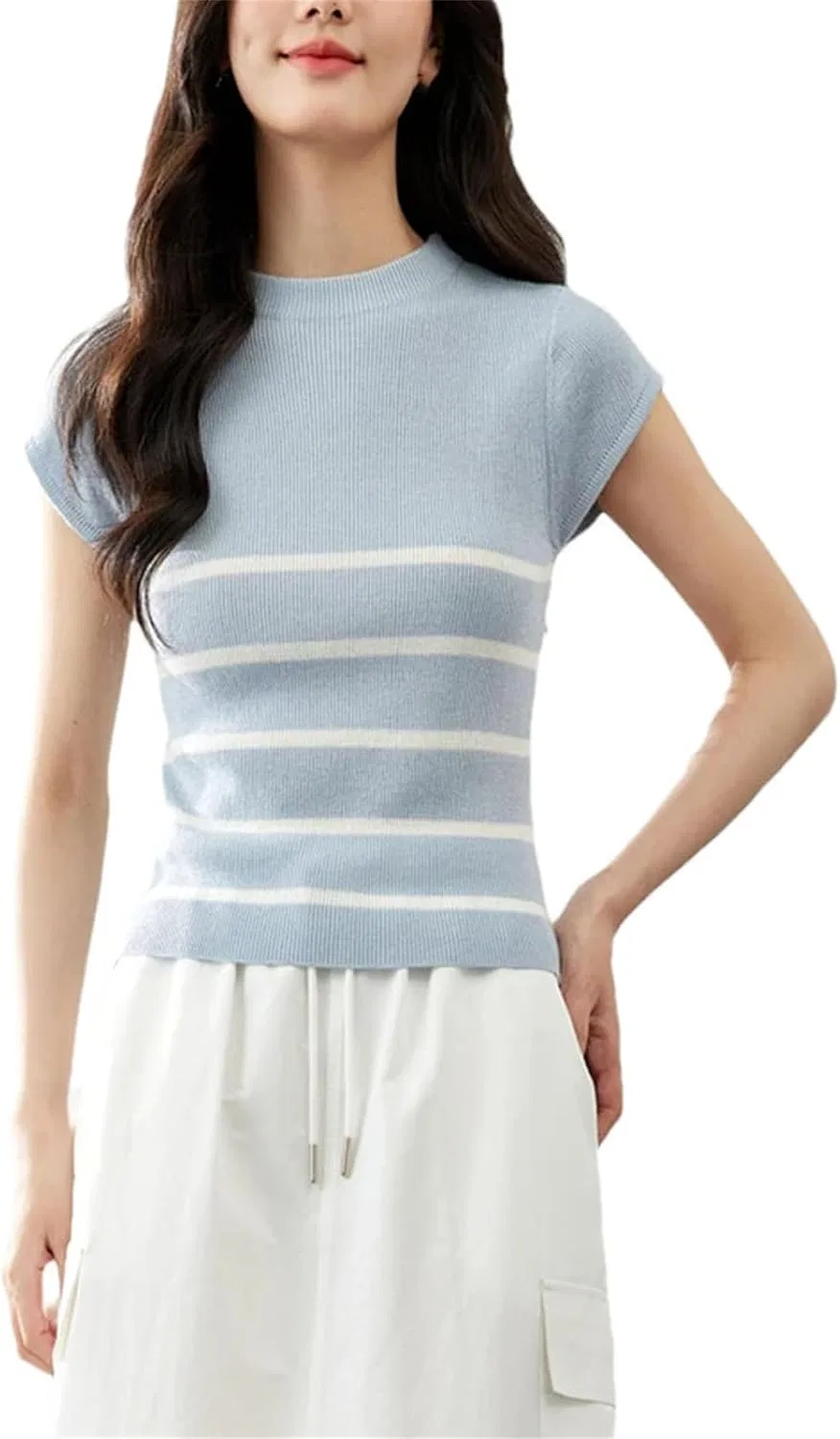Женская футболка с полосками Slim Fit, White/Blue