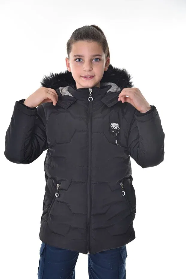 Детский пуховик с капюшоном и меховым воротником Öfi Kids, Black