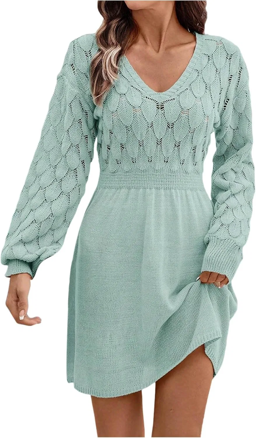 Женское платье с V-образным вырезом и высокой талией, Light Blue