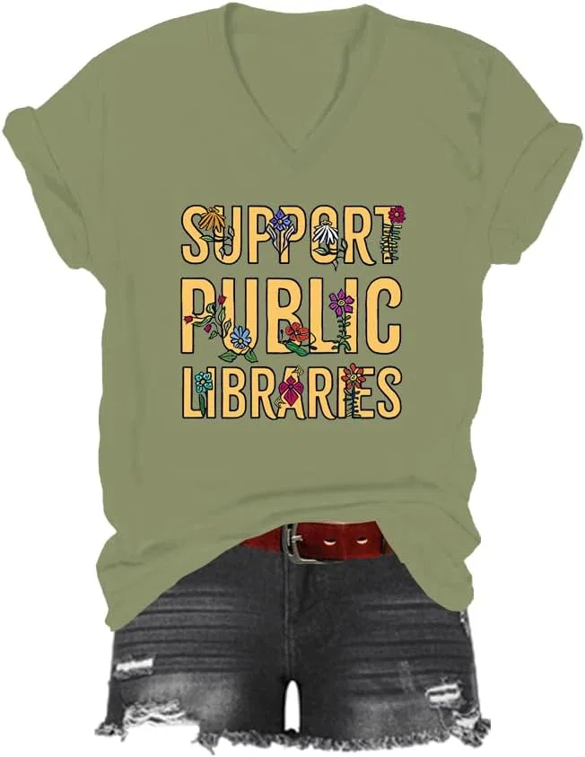 Футболка с принтом Support Public Libraries V-образным вырезом, Green