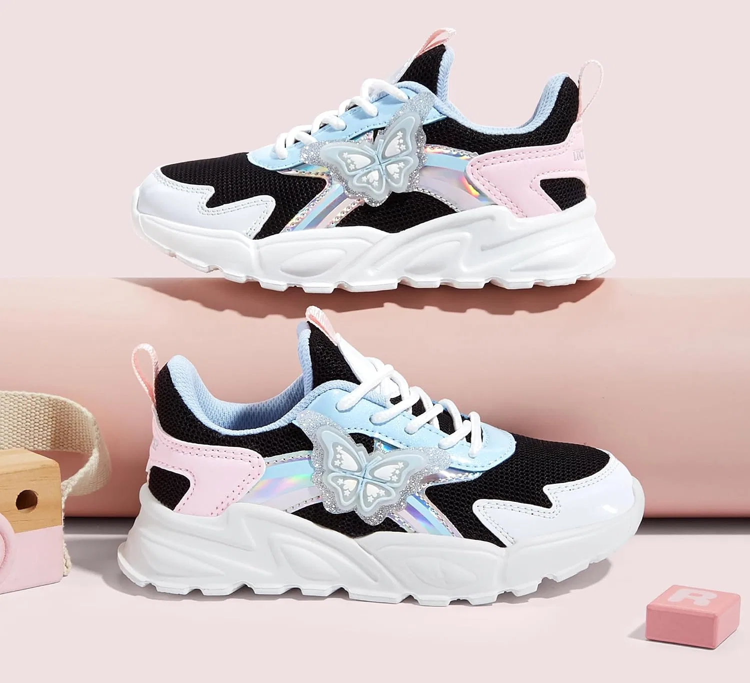 Детские кроссовки для девочек с принтом бабочки LUCKY STEP, Black/Blue — фото 2