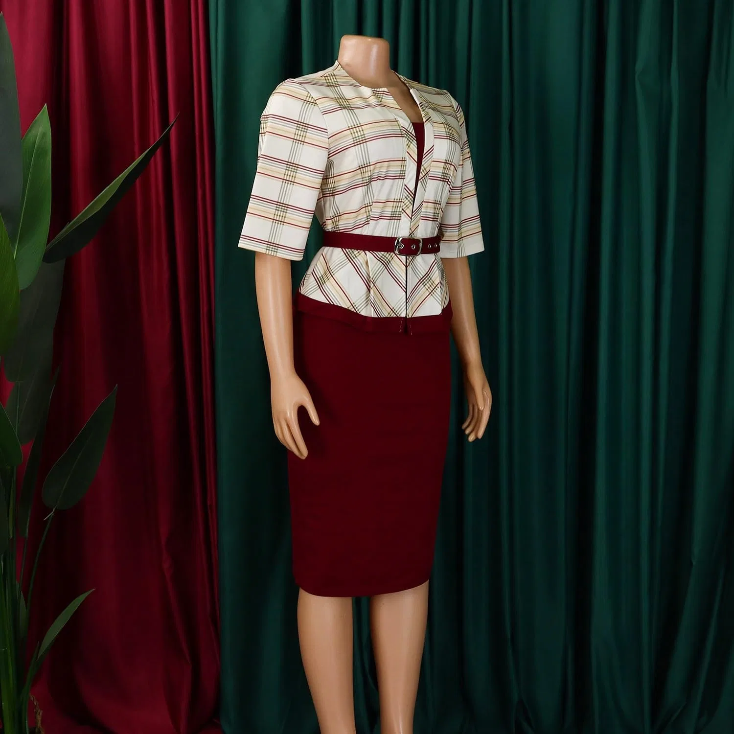 Женское платье-футляр с принтом в клетку Bodycon Midi с поясом, Wine Red — фото 4