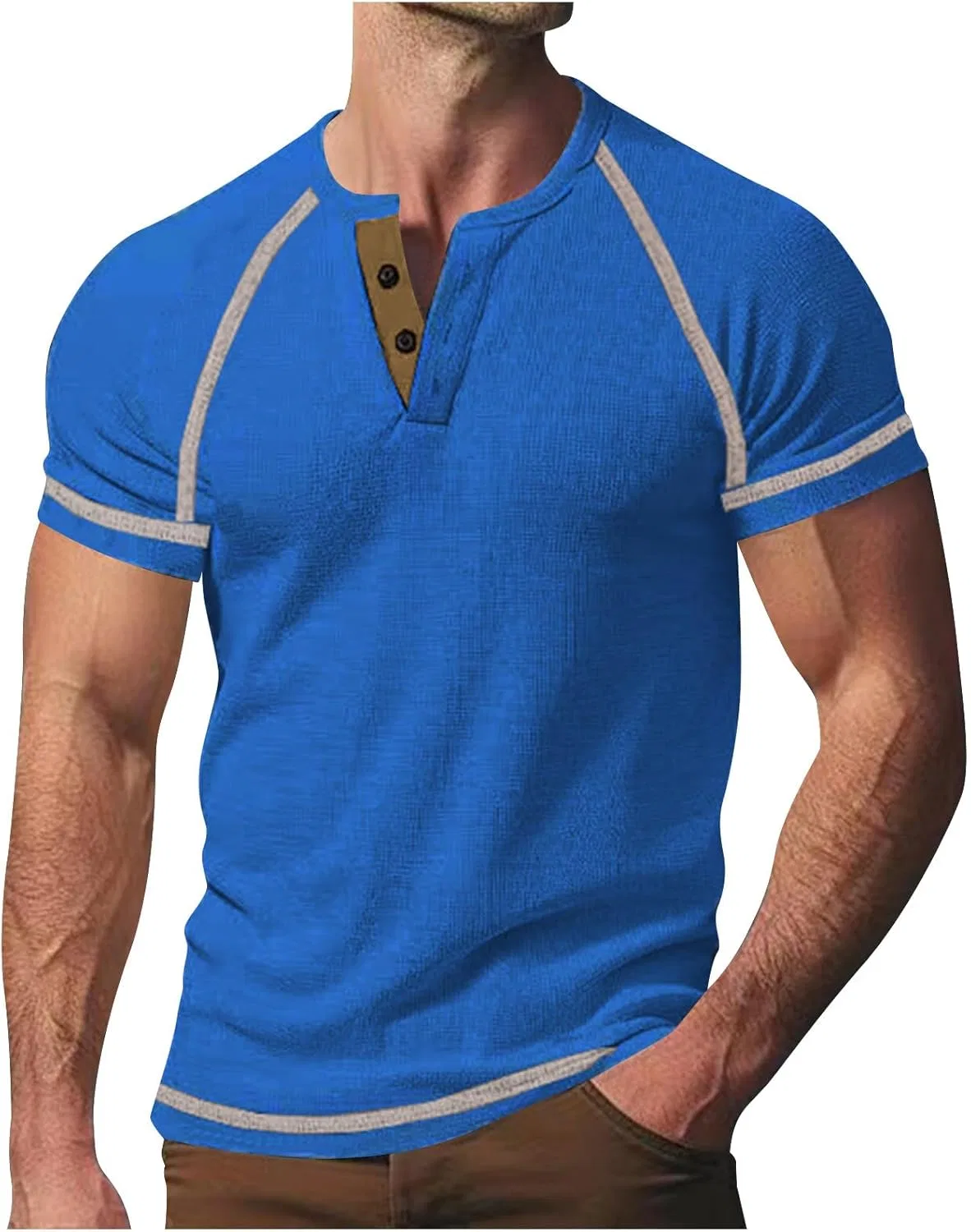 Мужская свободная футболка-поло Henley с коротким рукавом, Blue