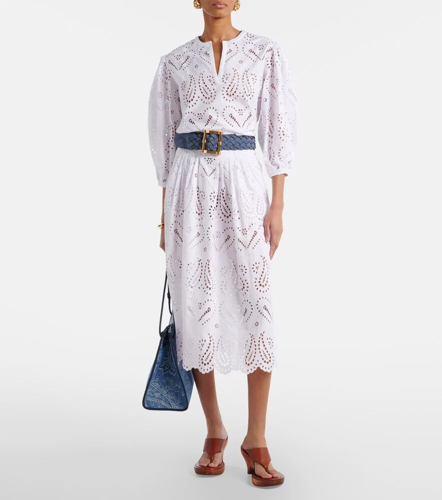 Юбка миди Broderie Anglaise из смесового хлопка Etro, белый — фото 2