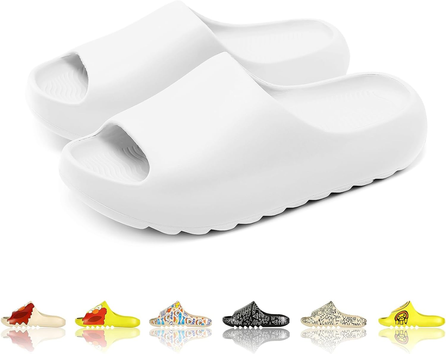 

Мужские и женские тапочки-сланцы с облачной подушкой EVA, милый мультяшный принт, нескользящие для душа, с открытым носком, для ванной, дома, спа, тренажерного зала, мягкая и удобная обувь Tptoes, белый