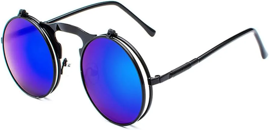 

Складные солнцезащитные очки в стиле стимпанк небольшого размера, круглые, с металлическим покрытием, мужские, с пружинными дужками HVTVTLA, Black Blue Mirror