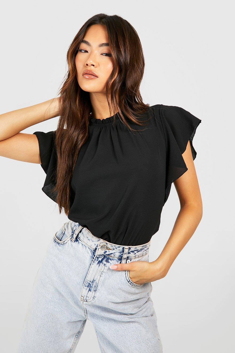 

Блузка с ткаными рукавами и воротом Boohoo, черный