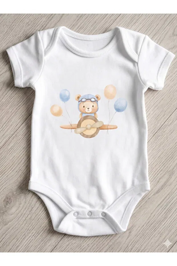 Детское боди-комплект для новорожденных с принтом Little Aviator Teddy Bear Hazden, White — фото 4