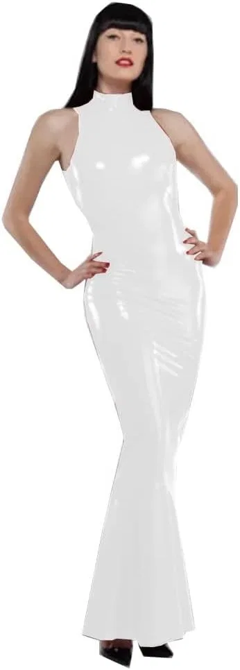 Женское макси-платье из кожзама с высоким воротом, White