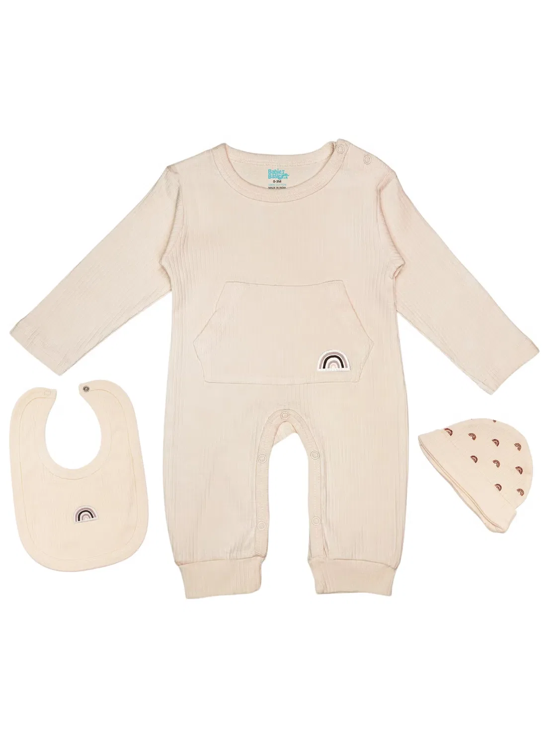 Комплект из ребристого хлопка с комбинезоном, шапочкой и слюнявчиком Babies Basic, бежевый