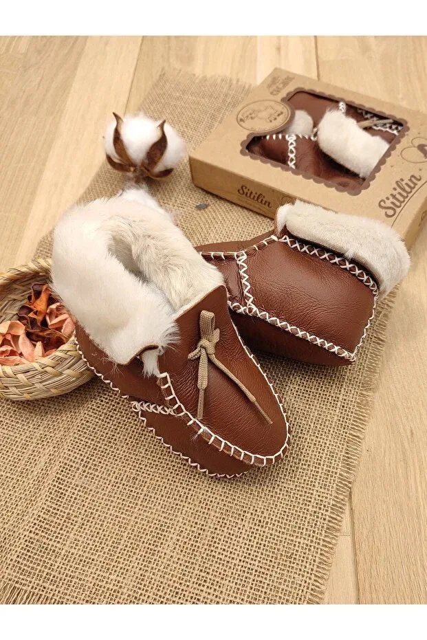 Детские пинетки из натуральной кожи с органическим хлопком Sitilin, Brown — фото 4