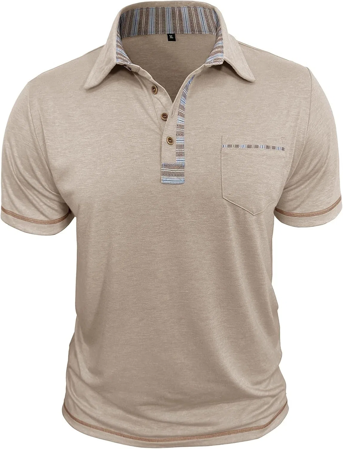 Мужская спортивная футболка поло с пуговицами и карманом, Cotton Blend, Beige — фото 4