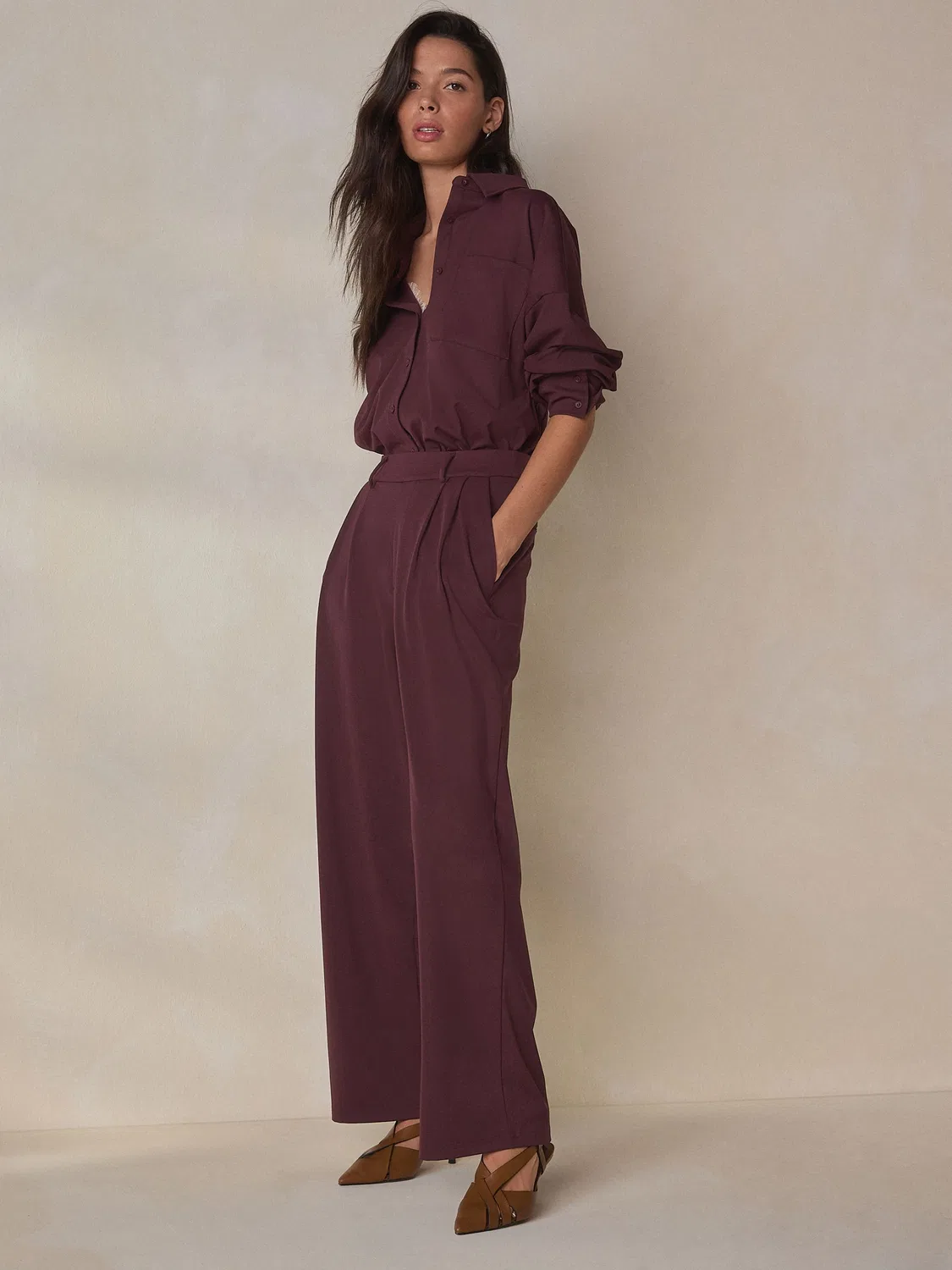 Брюки прямого кроя с защипами, Premium Wide Leg Tailored Jersey Next, Бургунди