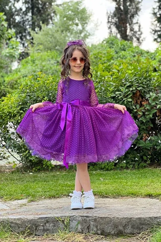Детское платье для девочек кружевное с поясом Princess model children's evening dress april 23 and graduation dress aby0001 Abiyekids, Purple