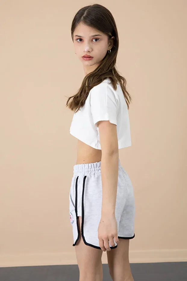Детские шорты для девочек с принтом Gray Side Slit Flower Cansın Mini, Gray — фото 4