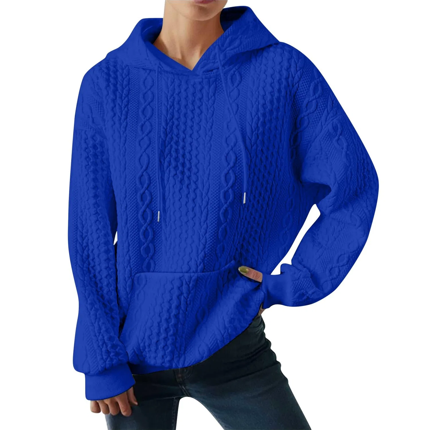 Женский худи оверсайз с капюшоном и карманом, хлопковый, vintage, Blu