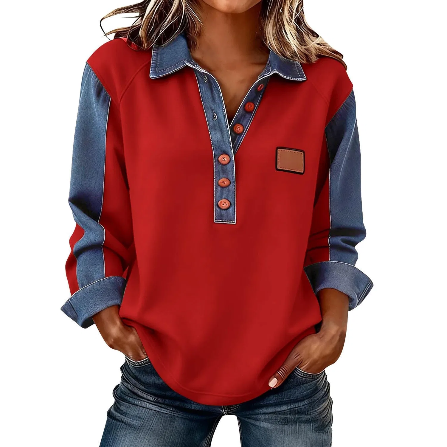 Женский джинсовый свитер с принтом Button Down, Non Lavorato A Maglia #Z02-rosso
