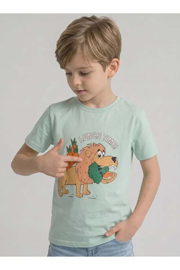 Детская футболка с принтом Cotton Vegan Lion Lunch Edoy, Water Green — фото 3