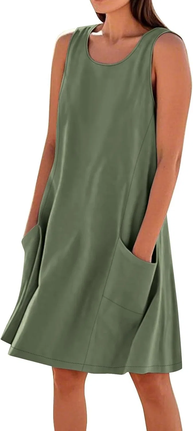 Женское мини-платье из хлопка и льна с круглым вырезом, Army Green
