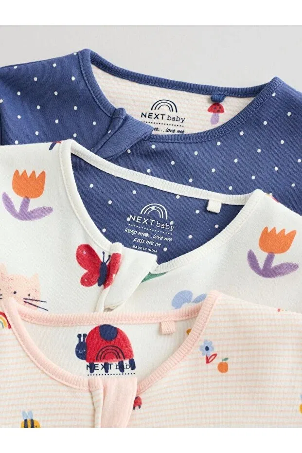 Детский комплект пижам с принтом Cotton Navy Blue Cream Floral Patterned 3-Piece Sleepsuit Set Next Baby, Multicolor — фото 4
