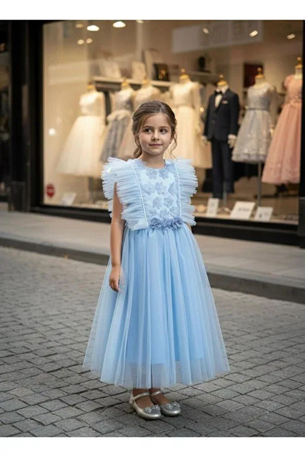 Детское платье для девочек из сатина с длинным подолом Miaras, Blue