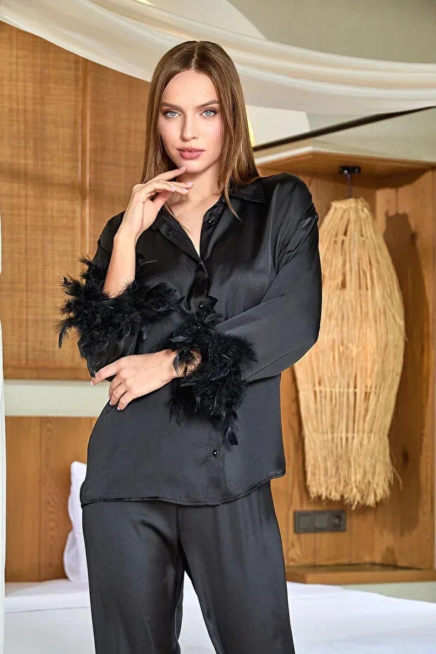 Детский комплект пижам сатиновый с моделью 25583 Satin Pajama Set With Shirt Collar Otriş, Generic Brands, Nude Color — фото 2