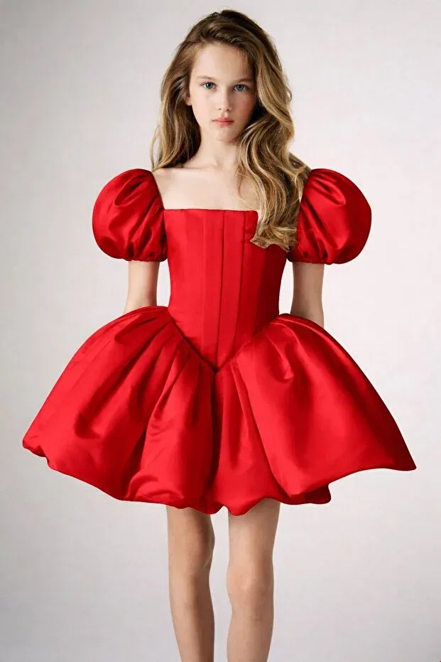 Детское платье для девочек с принтом Balloon Sleeve Corset Detailed Princess Dress Fkb For Kids Baby, Red