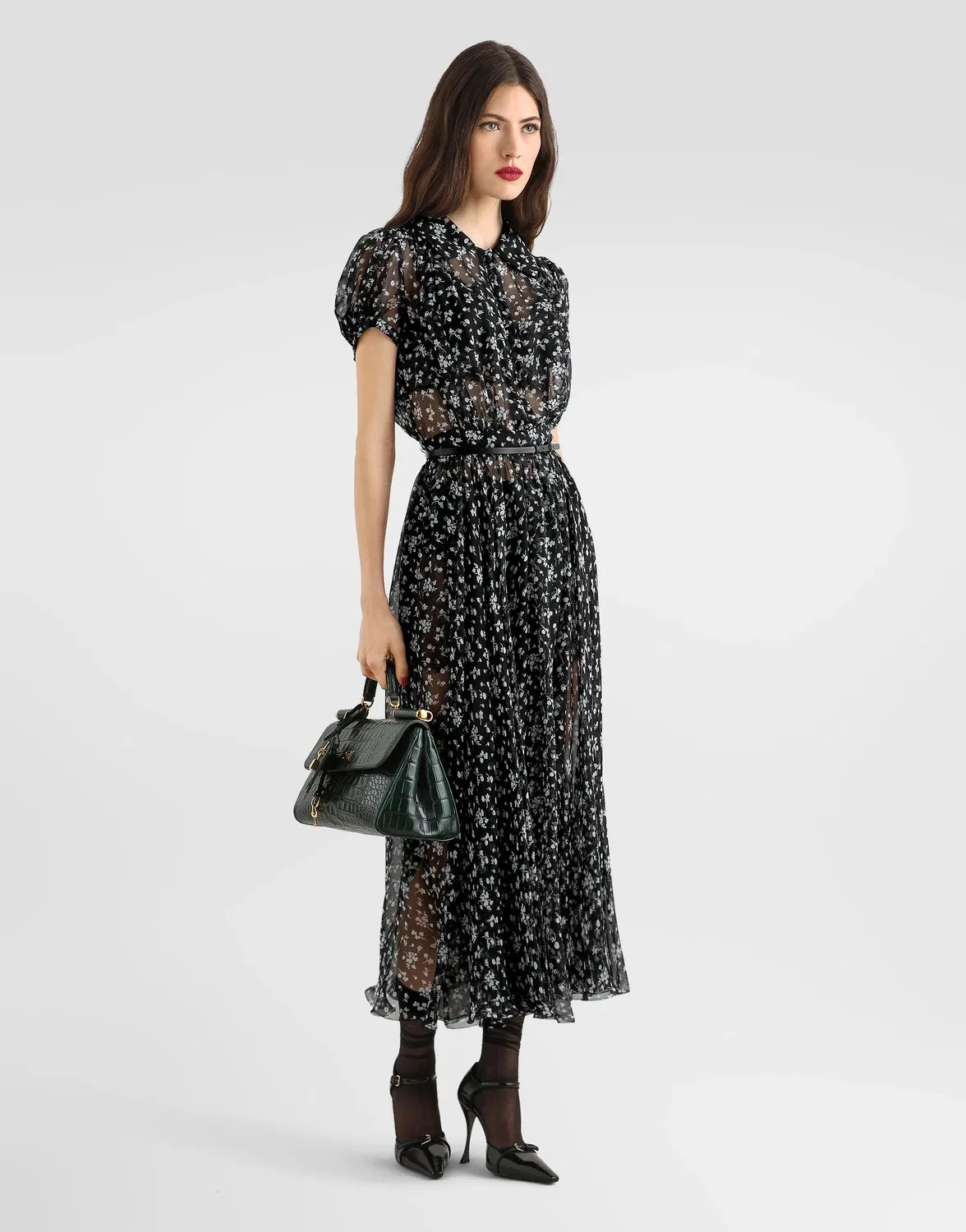 Шифоновое платье с цветочным принтом Dolce & Gabbana, черный — фото 2