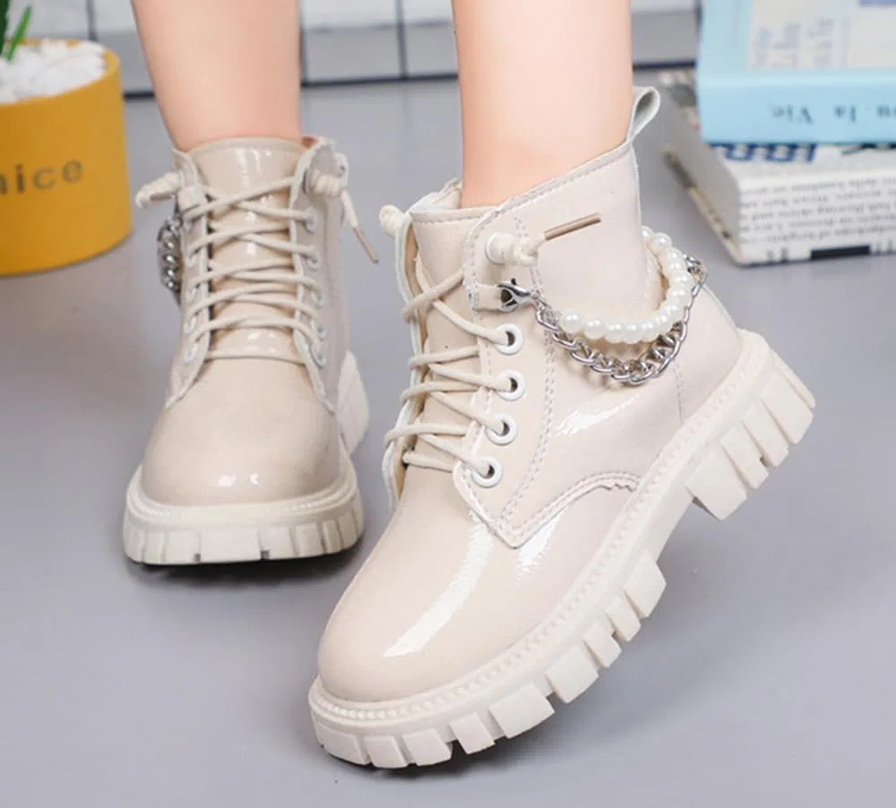 Детские ботинки для девочек с жемчужной цепочкой Mivtait, Beige — фото 3