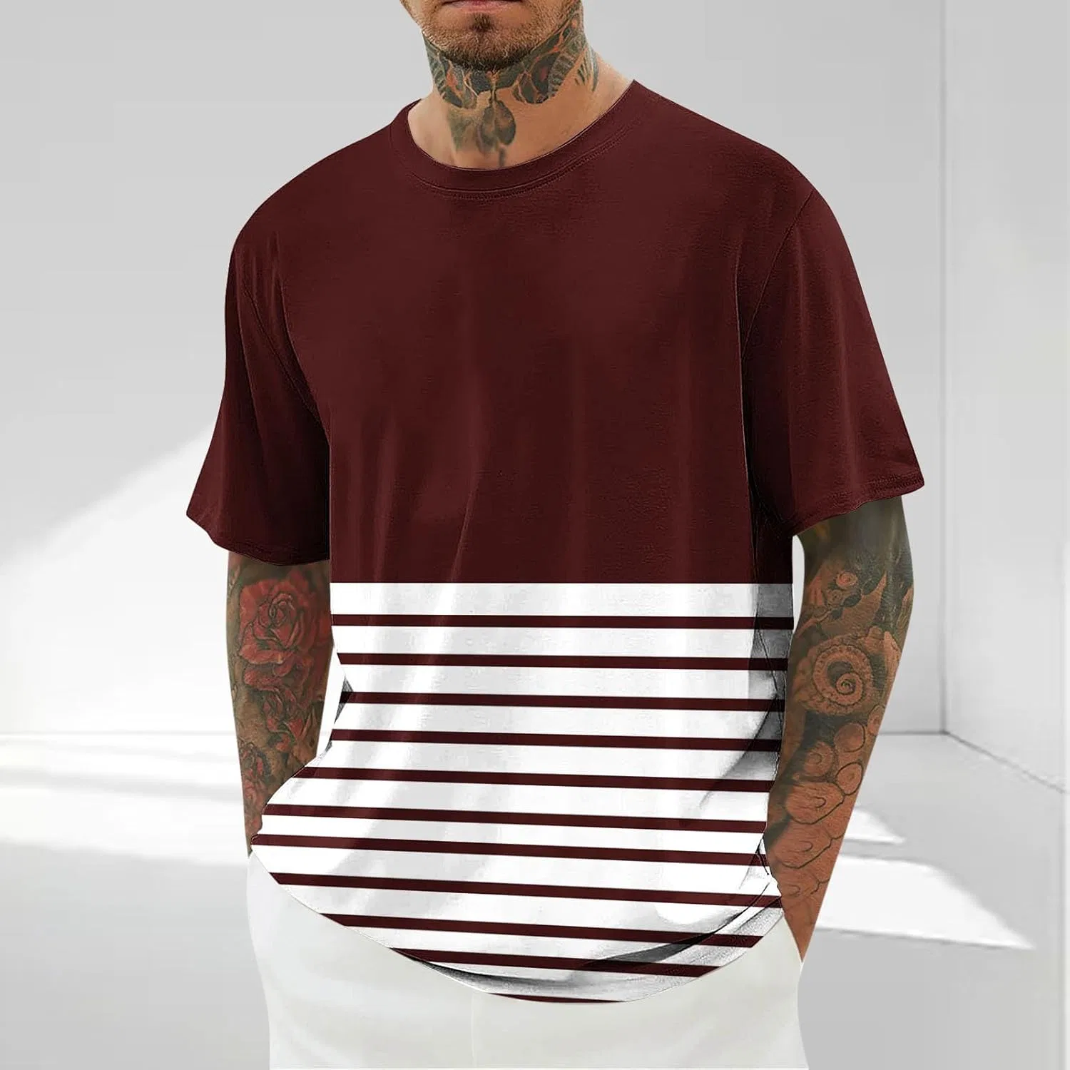 Мужская футболка оверсайз с цветными блоками Summer Beach Tee Tops, Wine — фото 2