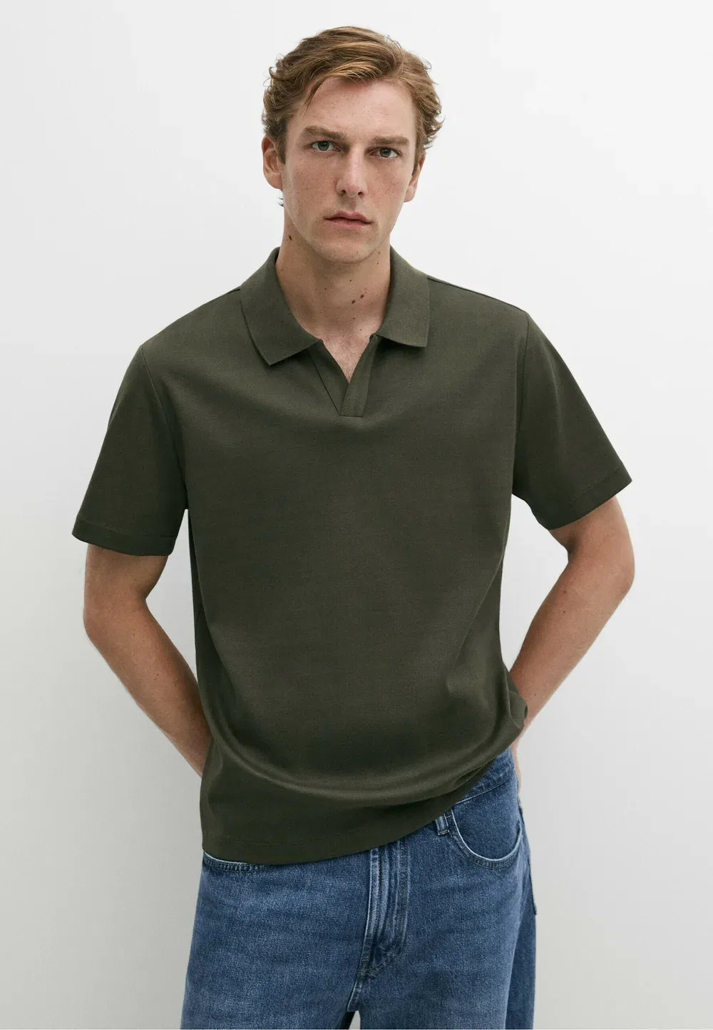 Рубашка-Поло с коротким рукавом и V-образным вырезом - рубашка-поло Massimo Dutti, Dark Green