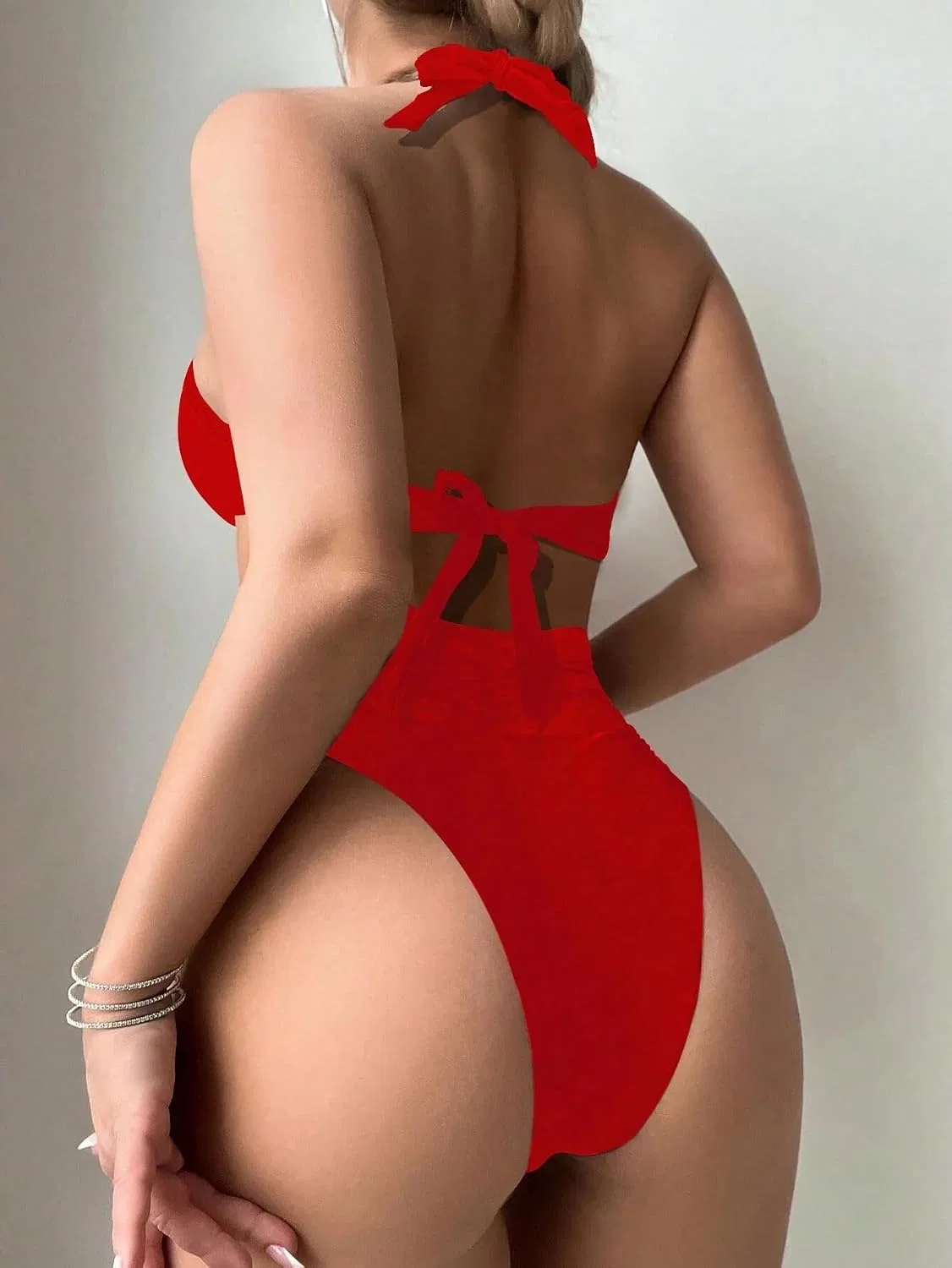 Женский бикини-комплект с высокой талией на бретелях, Red — фото 2