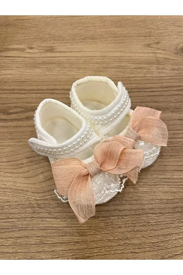 Детские пинетки для девочек с жемчугом и декором Park Bebe, Bowtie Salmon — фото 2