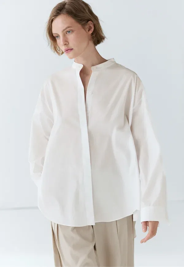 Блуза с воротником-мандарин, хлопок, button-down blouse, Massimo Dutti, White Denim, белый