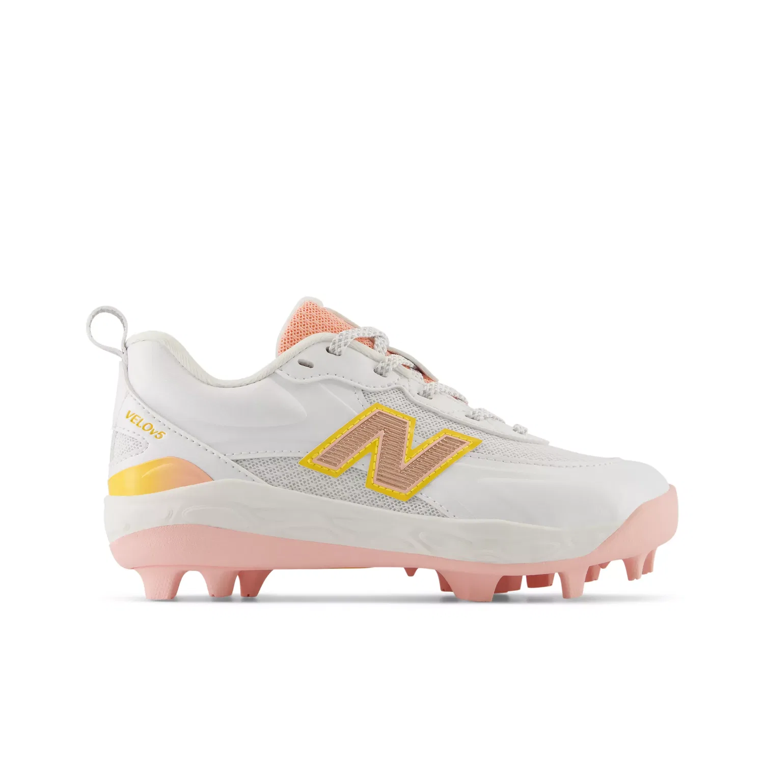 Детские бутсы для софтбола с шипами Velo v5 Rubber Molded New Balance, White With Pink Lemonade