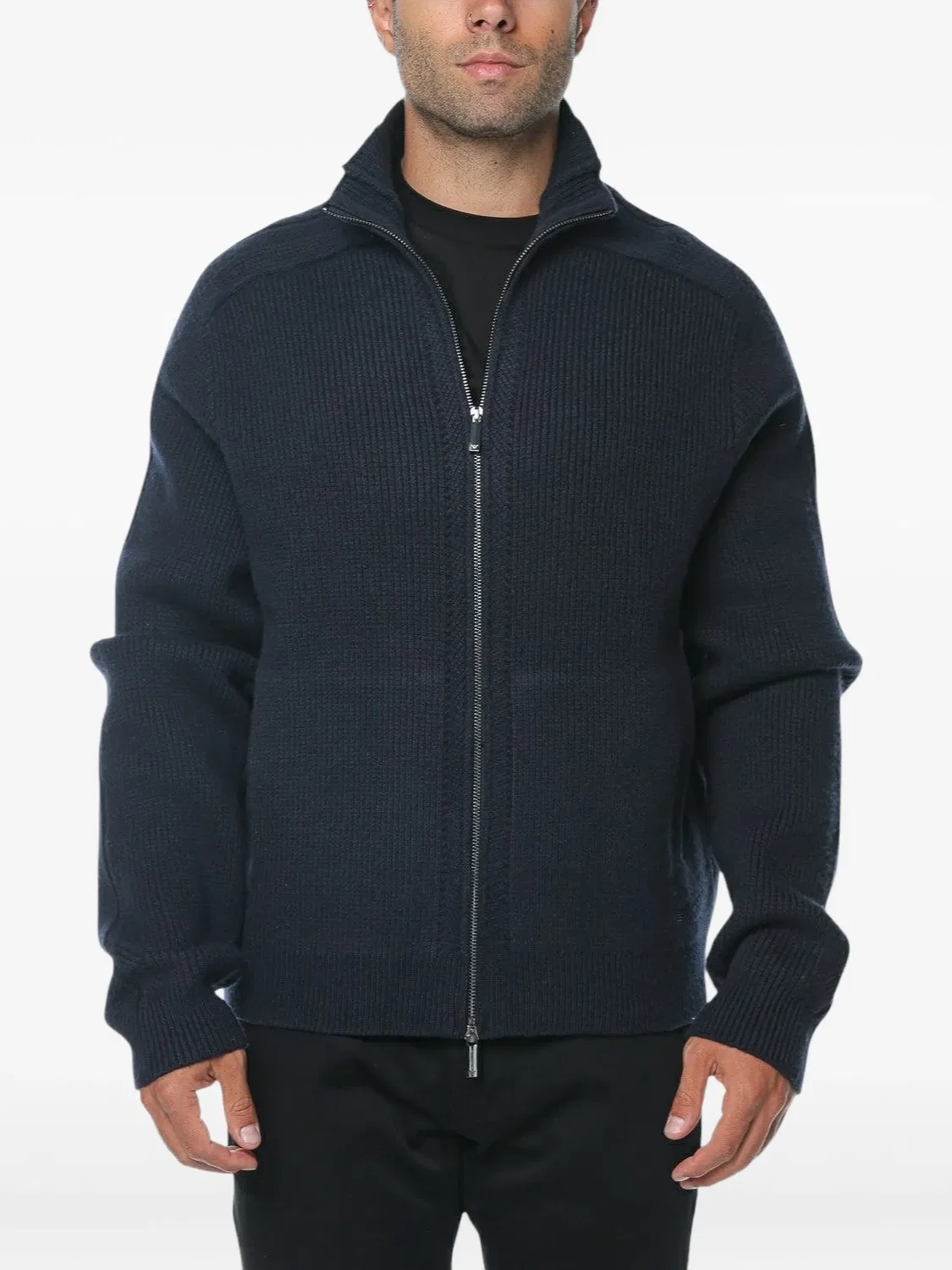 Emporio Armani Вязаный шерстяной кардиган в рубчик, синий
