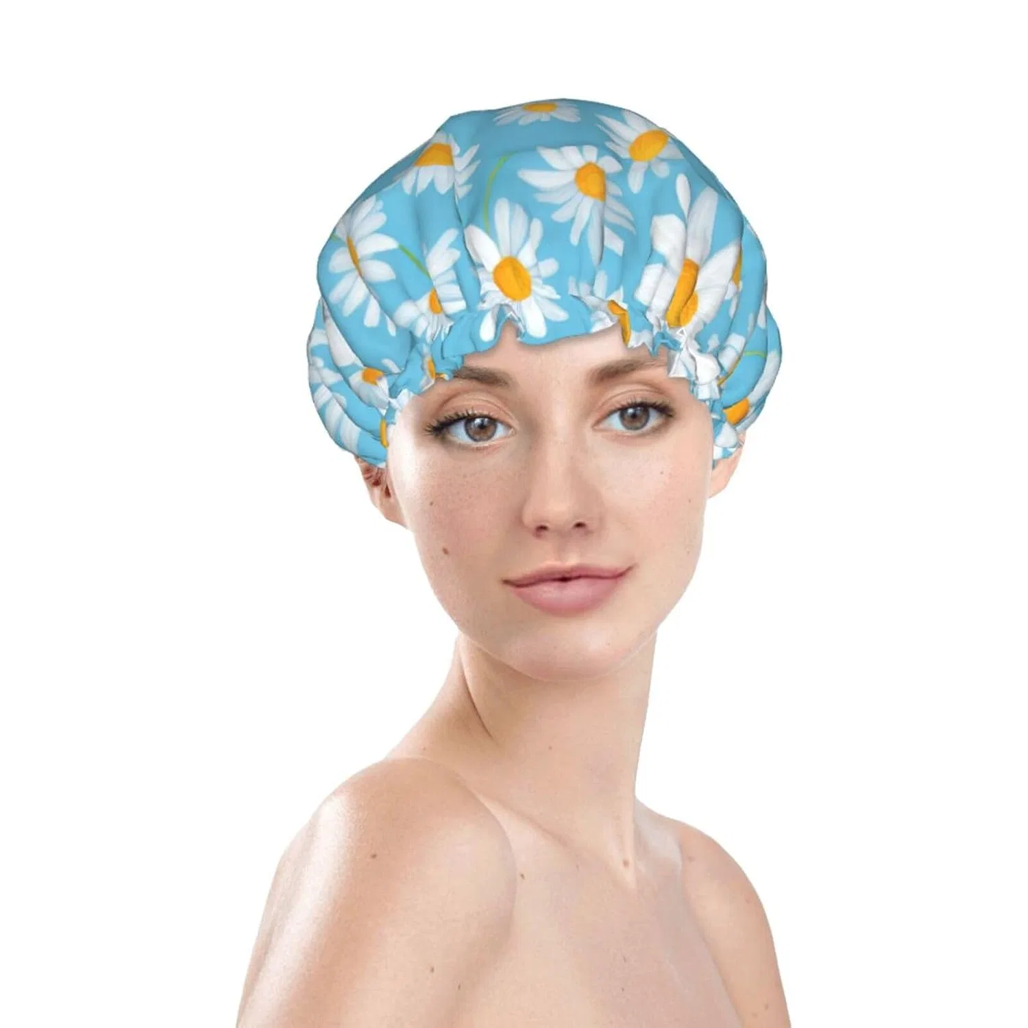 Шапочка для душа Double Layer, SDFHU, White Daisies on Light Blue — фото 3