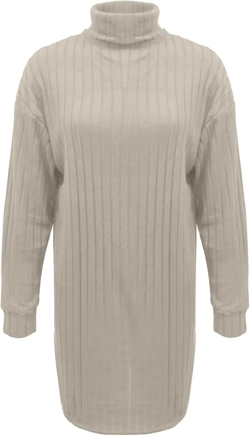 Женское платье-свитер с воротником-хомутом и косами, Long Sleeve Sweater Dress, Beige — фото 3