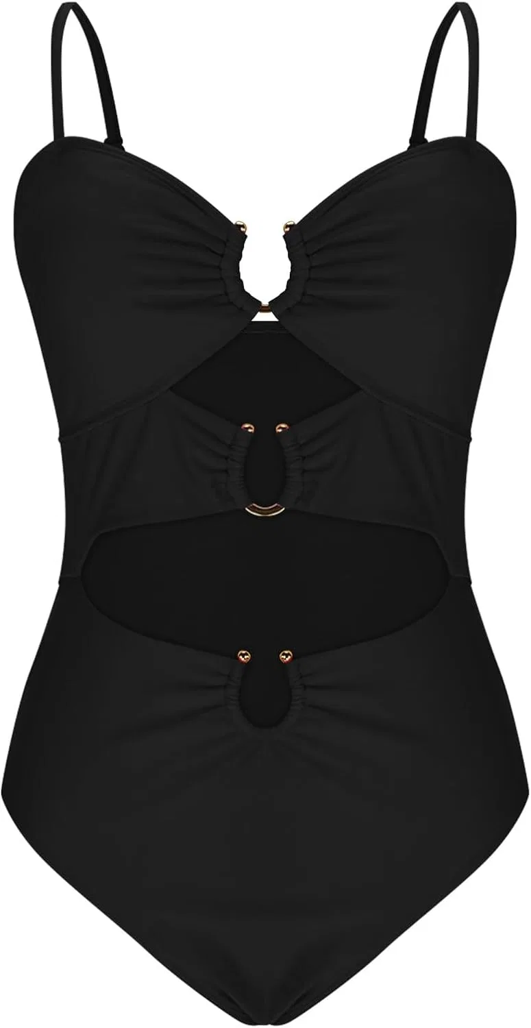 Женский слитный купальник с открытой талией и кольцами, Black — фото 4